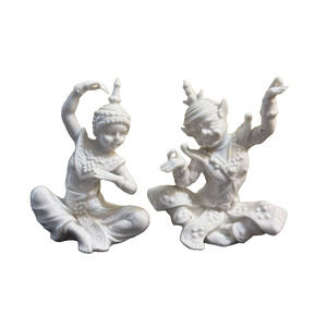 Vintage Lehwile China Thai Siamese Porcelain Dancer Figurines Pair White 4.875”